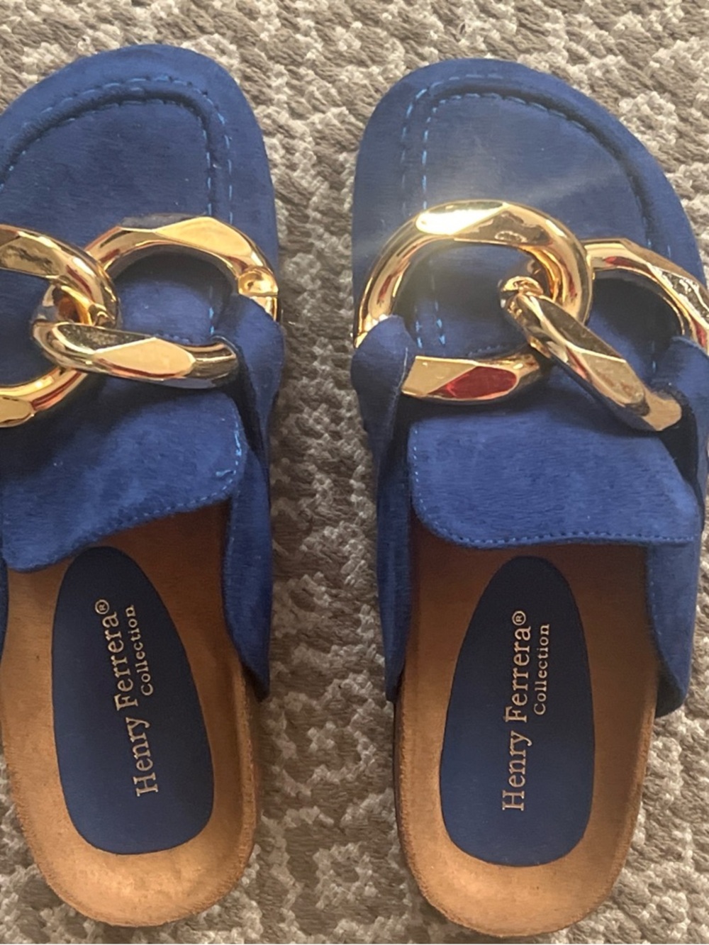 Henry Ferrera Royal Blue Suede Slide Mules with Gold Chain